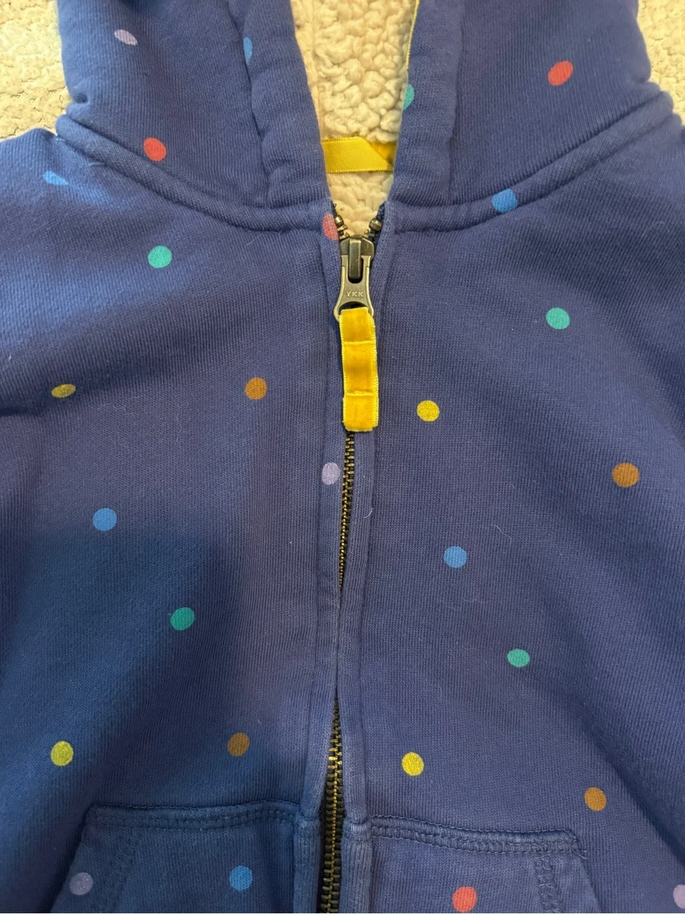 Mini Boden Sherpa Lined Hoodie Full Zip Sweatshirt Polka Dot Blue 5-6 Years
